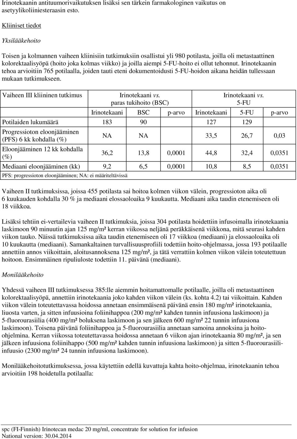 aiempi 5-FU-hoito ei ollut tehonnut. Irinotekaanin tehoa arvioitiin 765 potilaalla, joiden tauti eteni dokumentoidusti 5-FU-hoidon aikana heidän tullessaan mukaan tutkimukseen.