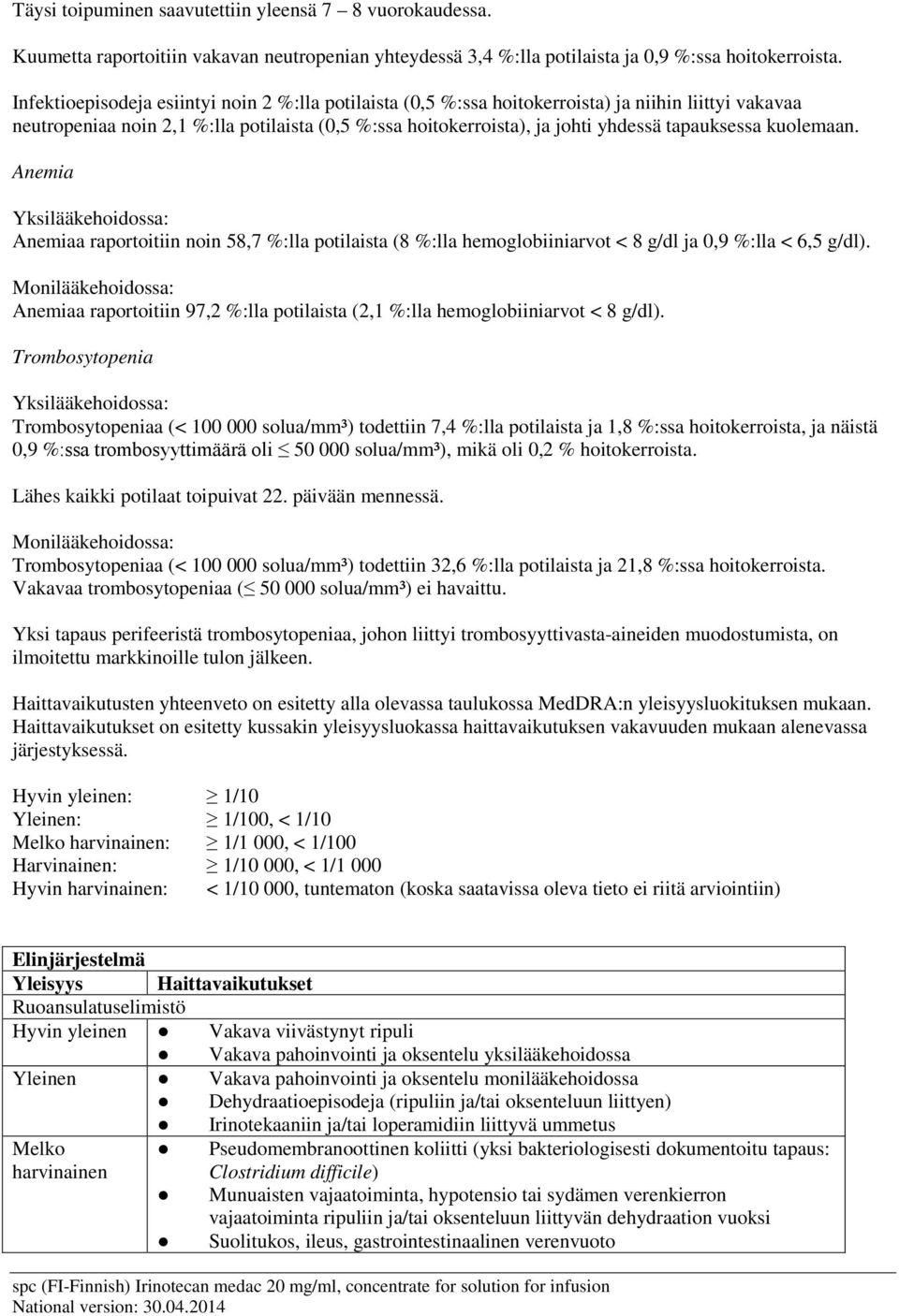 kuolemaan. Anemia Yksilääkehoidossa: Anemiaa raportoitiin noin 58,7 %:lla potilaista (8 %:lla hemoglobiiniarvot < 8 g/dl ja 0,9 %:lla < 6,5 g/dl).