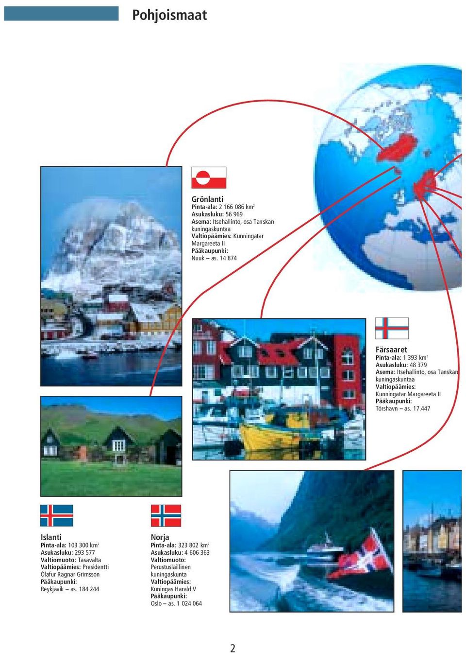 14 874 Färsaaret Pinta-ala: 1 393 km 2 Asukasluku: 48 379 Asema: Itsehallinto, osa Tanskan kuningaskuntaa Valtiopäämies: Kunningatar Margareeta II Pääkaupunki: Tórshavn