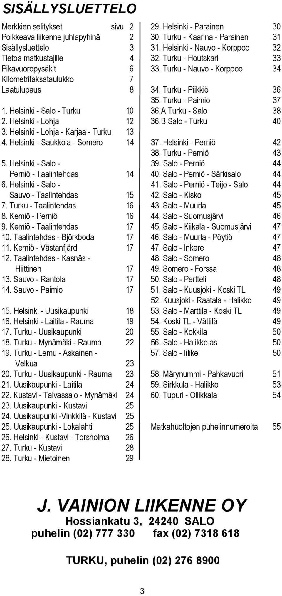 Turku - Paimio 37 1. Helsinki - Salo - Turku 10 36.A Turku - Salo 38 2. Helsinki - Lohja 12 36.B Salo - Turku 40 3. Helsinki - Lohja - Karjaa - Turku 13 4. Helsinki - Saukkola - Somero 14 37.