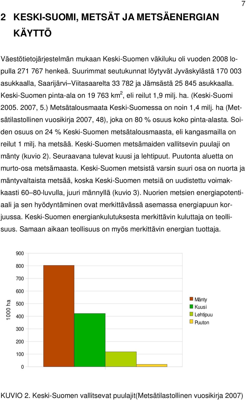 (Keski-Suomi 2005. 2007, 5.) Metsätalousmaata Keski-Suomessa on noin 1,4 milj. ha (Metsätilastollinen vuosikirja 2007, 48), joka on 80 % osuus koko pinta-alasta.
