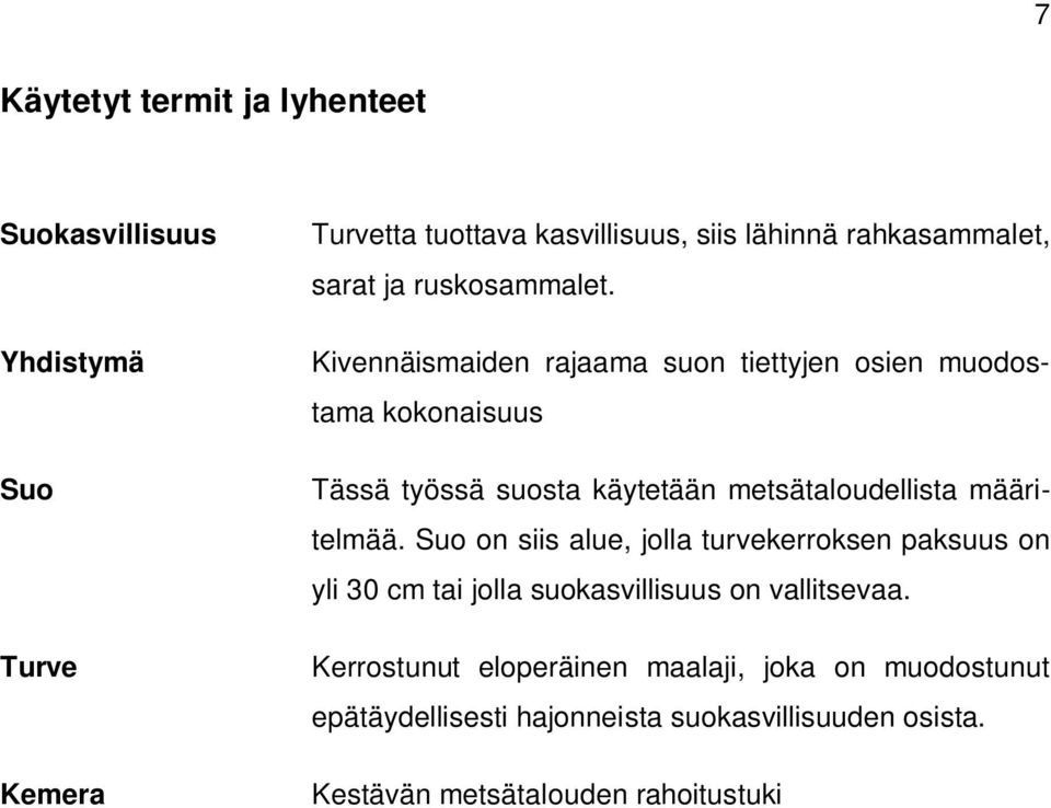 Kivennäismaiden rajaama suon tiettyjen osien muodostama kokonaisuus Tässä työssä suosta käytetään metsätaloudellista määritelmää.