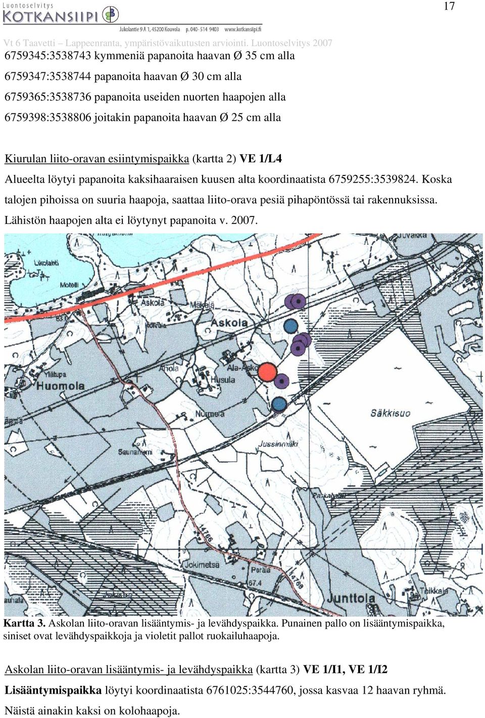 Koska talojen pihoissa on suuria haapoja, saattaa liito-orava pesiä pihapöntössä tai rakennuksissa. Lähistön haapojen alta ei löytynyt papanoita v. 2007. Kartta 3.