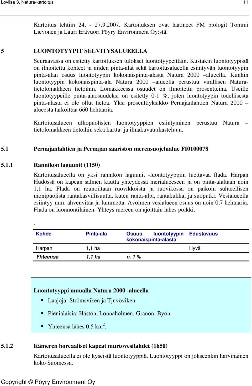 Kustakin luontotyypistä on ilmoitettu kohteet ja niiden pinta-alat sekä kartoitusalueella esiintyvän luontotyypin pinta-alan osuus luontotyypin kokonaispinta-alasta Natura 2000 alueella.