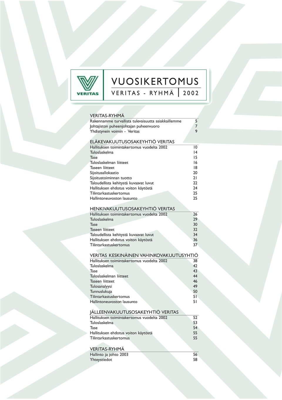 Hallituksen ehdotus voiton käytöstä 24 Tilintarkastuskertomus 25 Hallintoneuvoston lausunto 25 HENKIVAKUUTUSOSAKEYHTIÖ VERITAS Hallituksen toimintakertomus vuodelta 2002 26 Tuloslaskelma 29 Tase 30