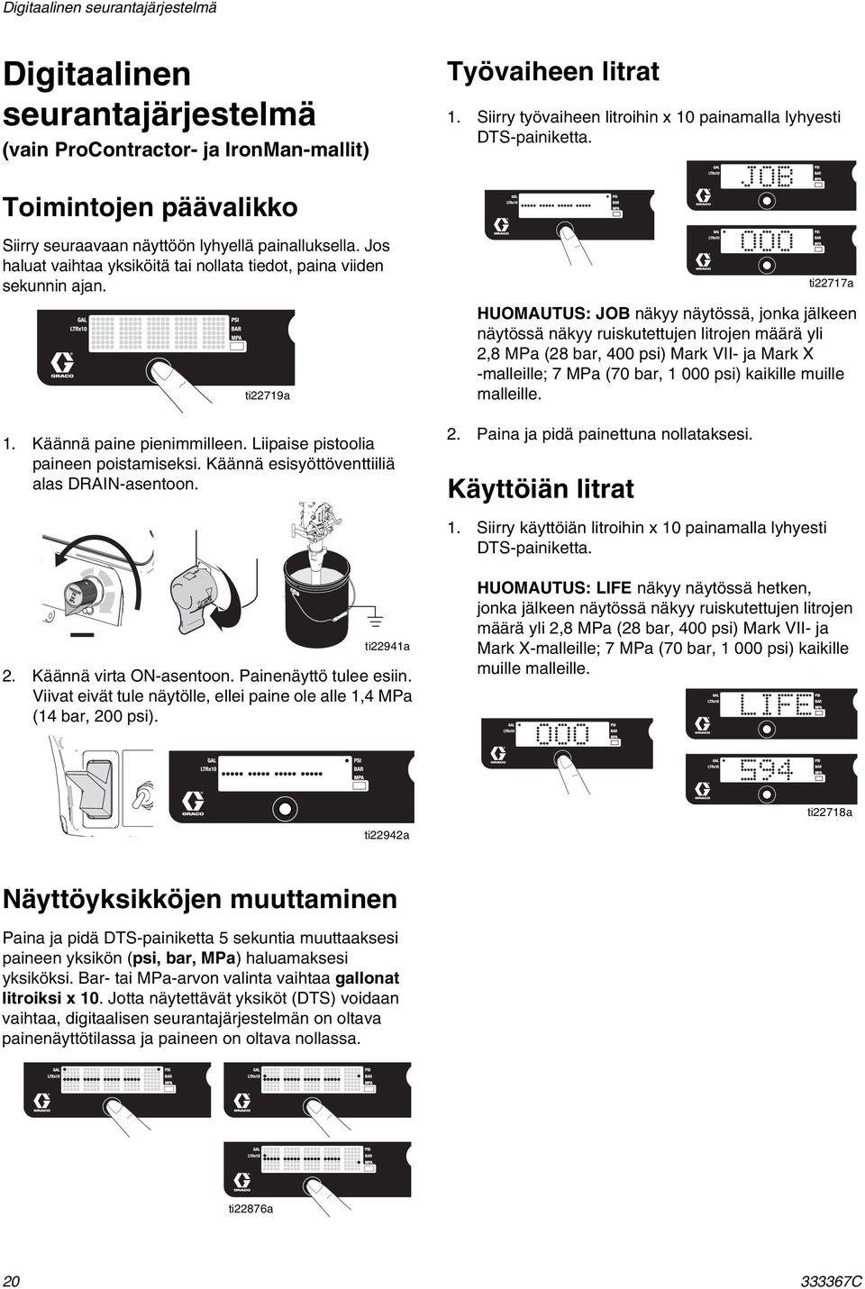 Liipaise pistoolia paineen poistamiseksi. Käännä esisyöttöventtiiliä alas DRAIN-asentoon. ti22941a 2. Käännä virta ON-asentoon. Painenäyttö tulee esiin.