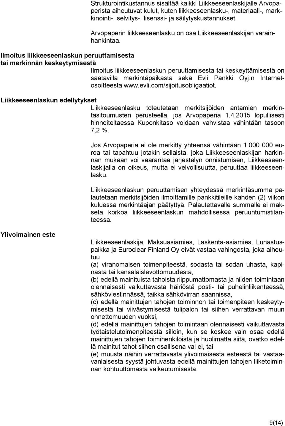 Ilmoitus liikkeeseenlaskun peruuttamisesta tai merkinnän keskeytymisestä Ilmoitus liikkeeseenlaskun peruuttamisesta tai keskeyttämisestä on saatavilla merkintäpaikasta sekä Evli Pankki Oyj:n