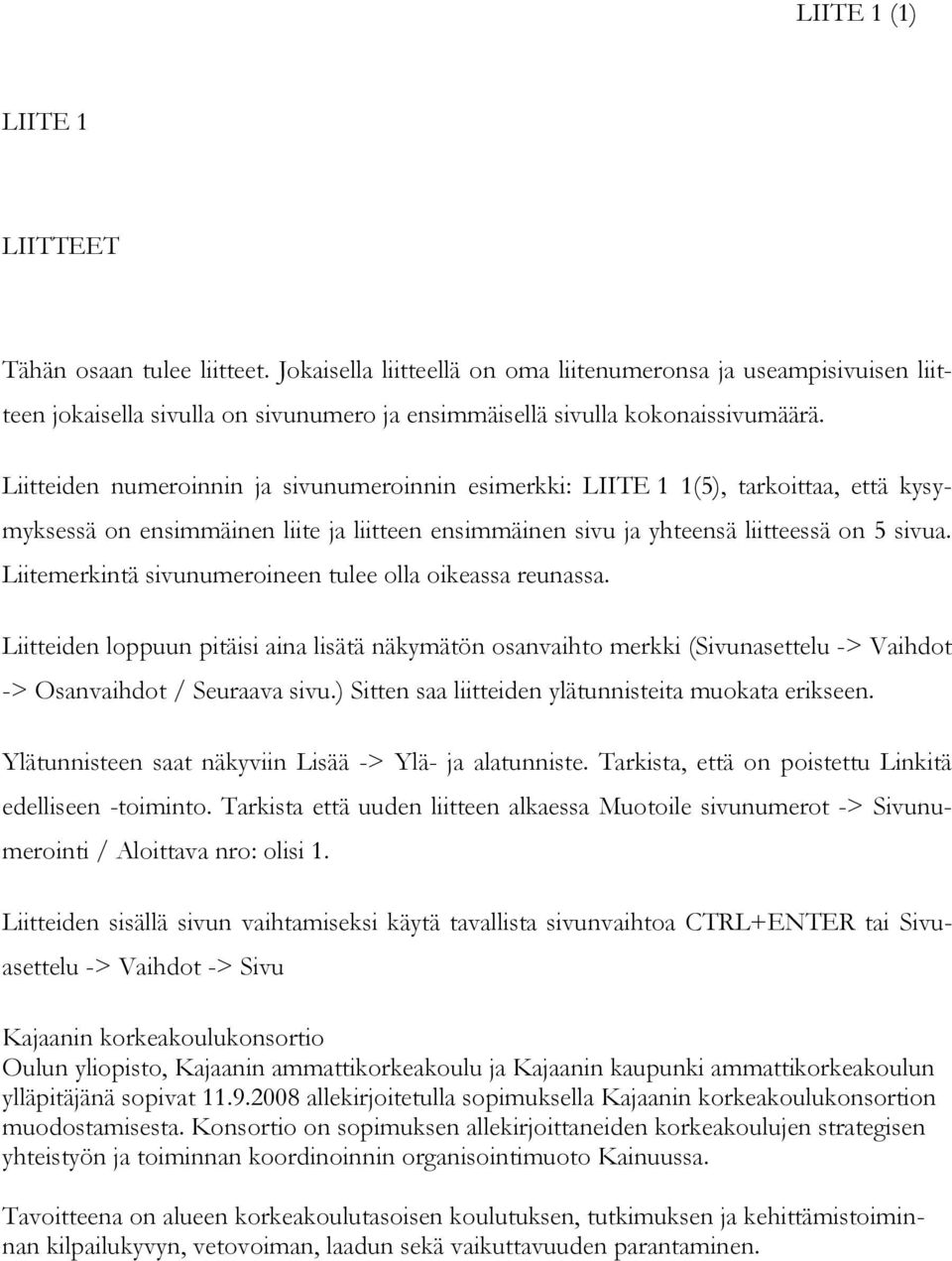 Liitteiden numeroinnin ja sivunumeroinnin esimerkki: LIITE 1 1(5), tarkoittaa, että kysymyksessä on ensimmäinen liite ja liitteen ensimmäinen sivu ja yhteensä liitteessä on 5 sivua.