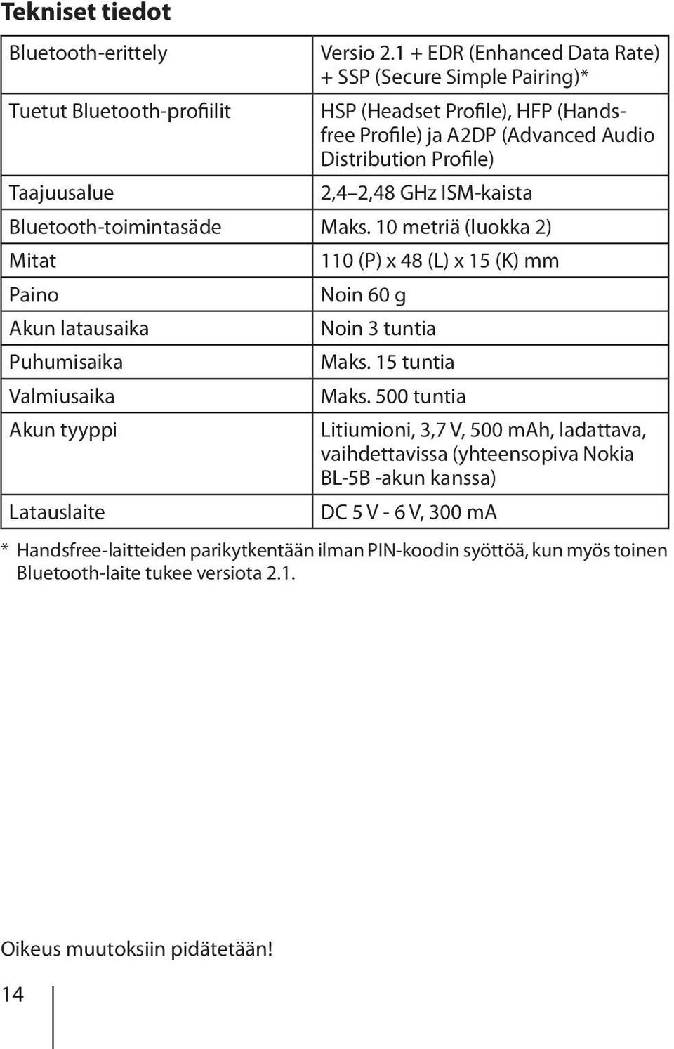 Taajuusalue 2,4 2,48 GHz ISM-kaista Bluetooth-toimintasäde Maks. 10 metriä (luokka 2) Mitat 110 (P) x 48 (L) x 15 (K) mm Paino Noin 60 g Akun latausaika Noin 3 tuntia Puhumisaika Maks.