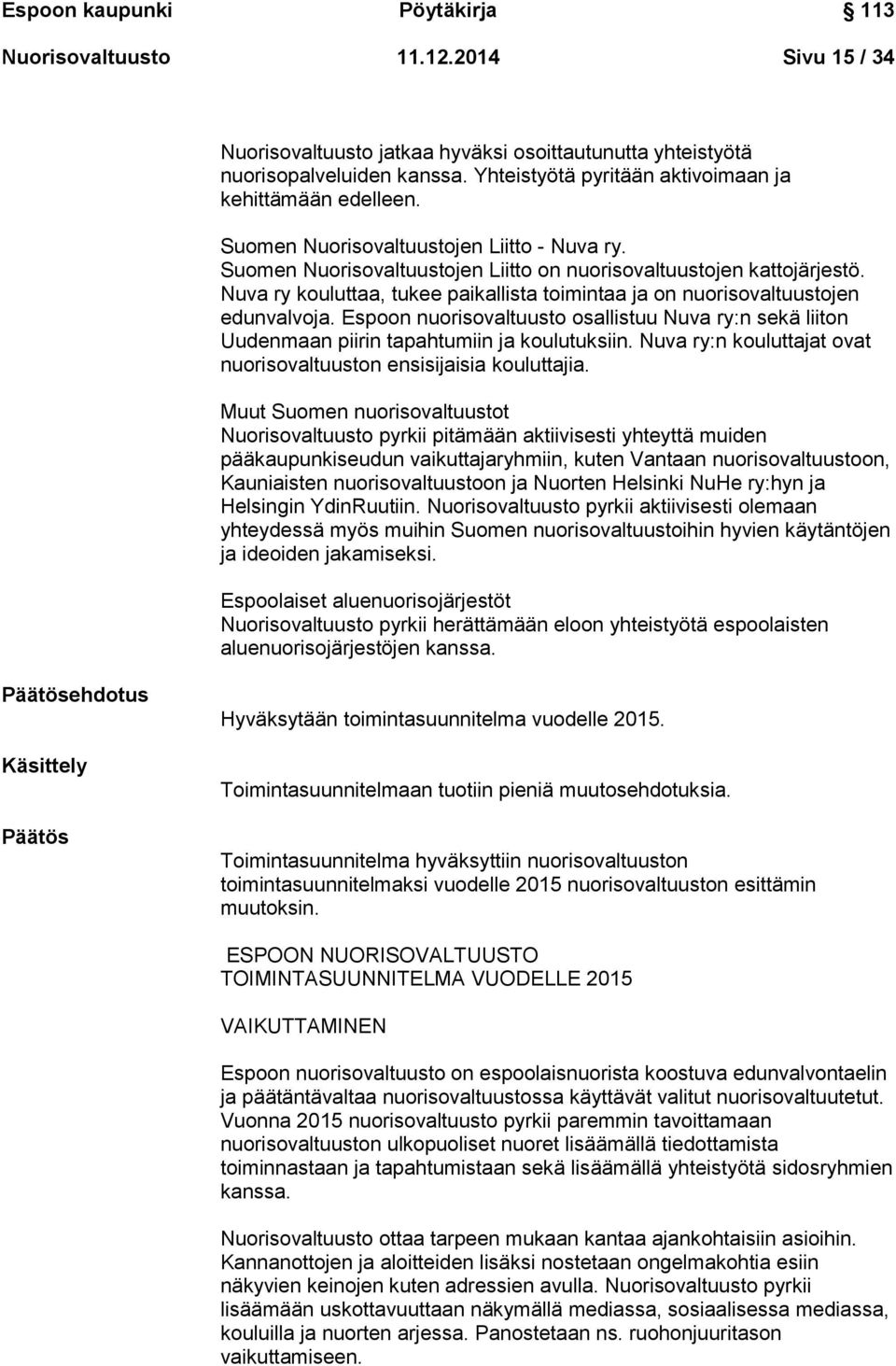 Nuva ry kouluttaa, tukee paikallista toimintaa ja on nuorisovaltuustojen edunvalvoja. Espoon nuorisovaltuusto osallistuu Nuva ry:n sekä liiton Uudenmaan piirin tapahtumiin ja koulutuksiin.