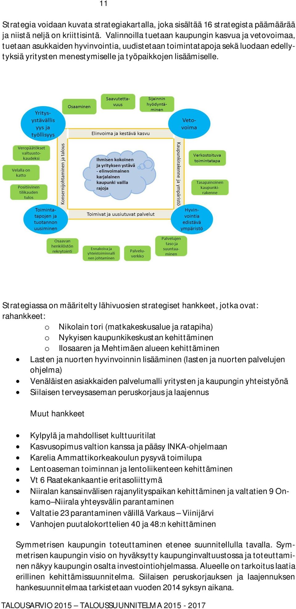 Strategiassa on määritelty lähivuosien strategiset hankkeet, jotka ovat: rahankkeet: o Nikolain tori (matkakeskusalue ja ratapiha) o Nykyisen kaupunkikeskustan kehittäminen o Ilosaaren ja Mehtimäen