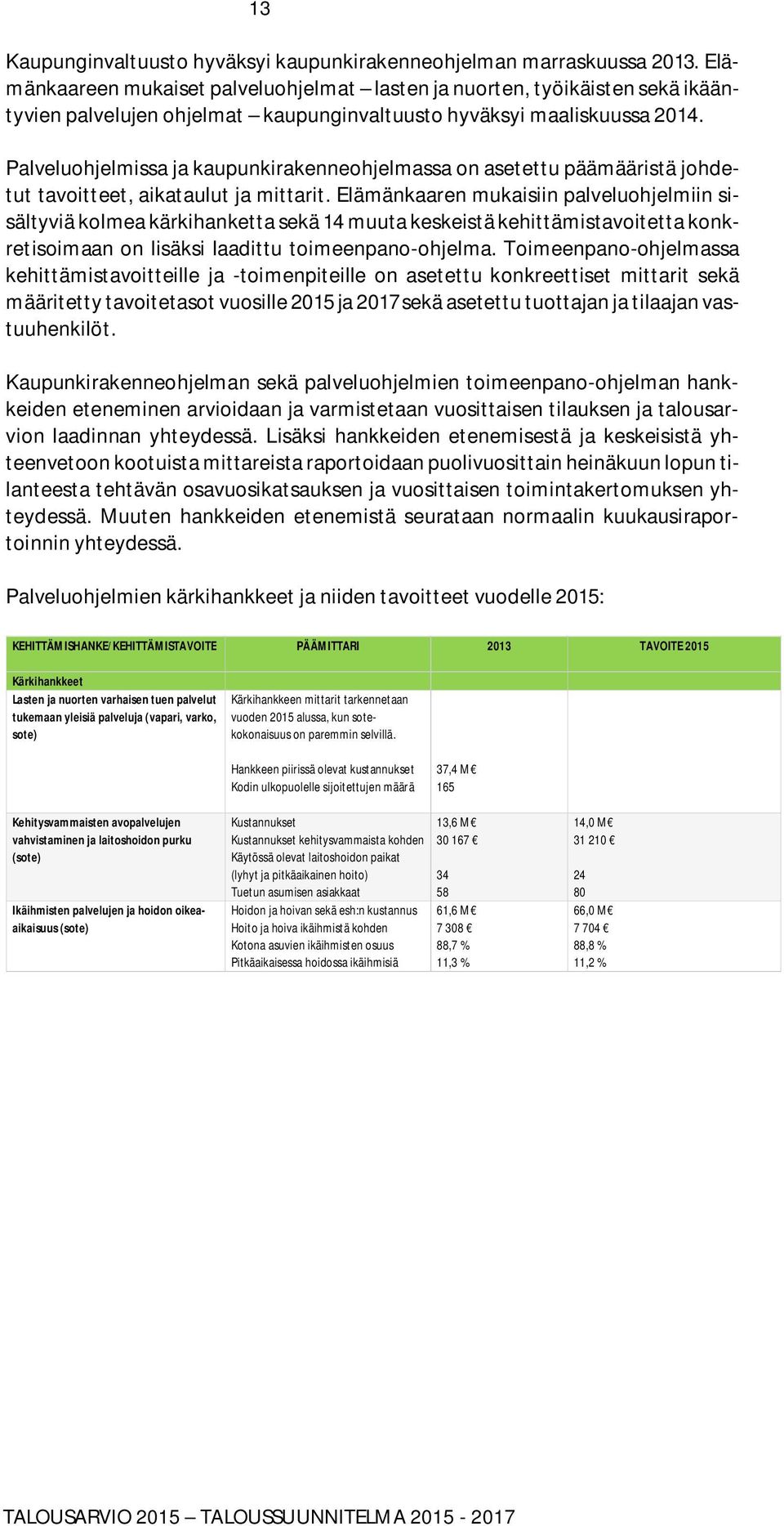 Palveluohjelmissa ja kaupunkirakenneohjelmassa on asetettu päämääristä johdetut tavoitteet, aikataulut ja mittarit.