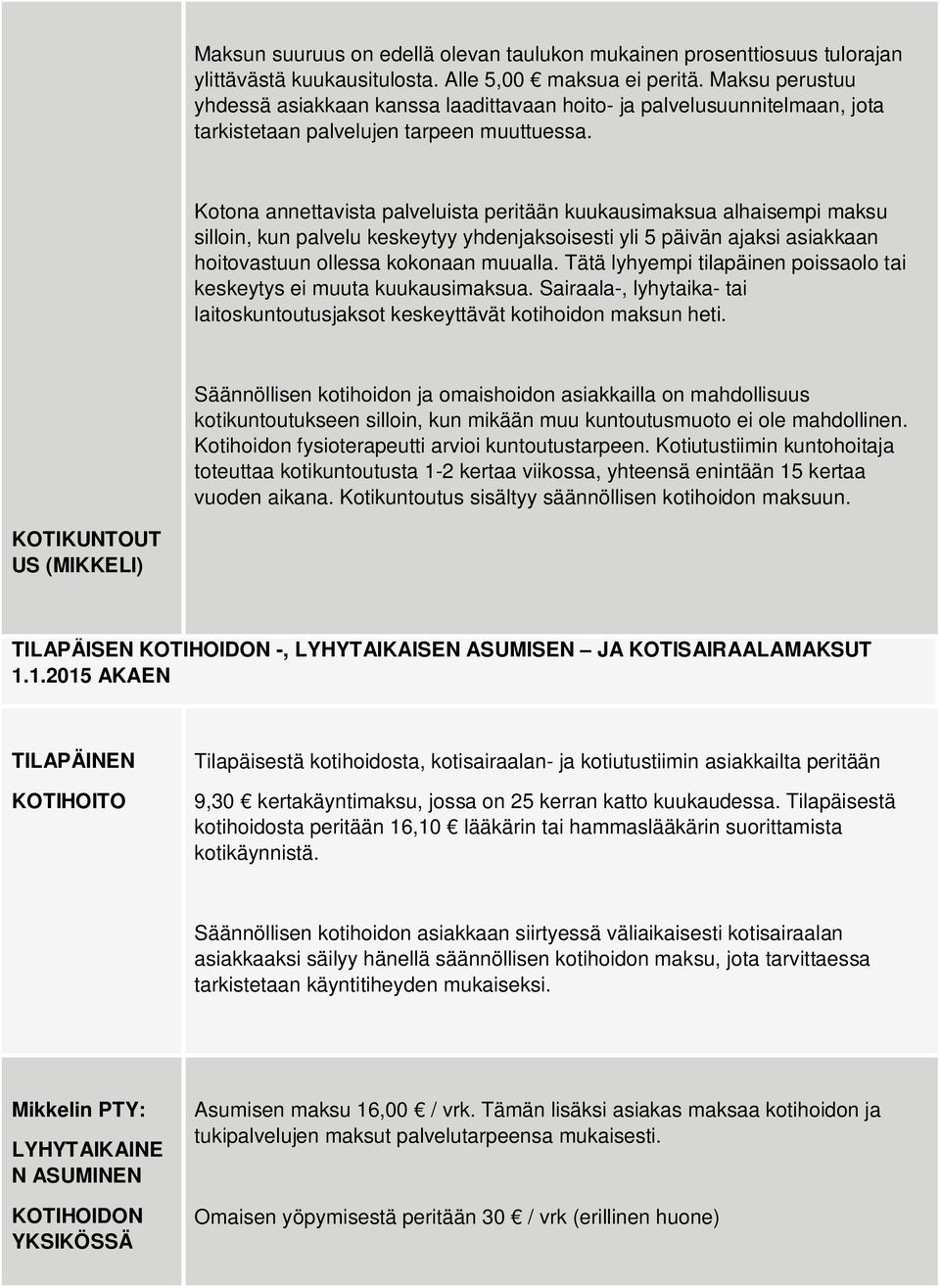 Kotona annettavista palveluista peritään kuukausimaksua alhaisempi maksu silloin, kun palvelu keskeytyy yhdenjaksoisesti yli 5 päivän ajaksi asiakkaan hoitovastuun ollessa kokonaan muualla.