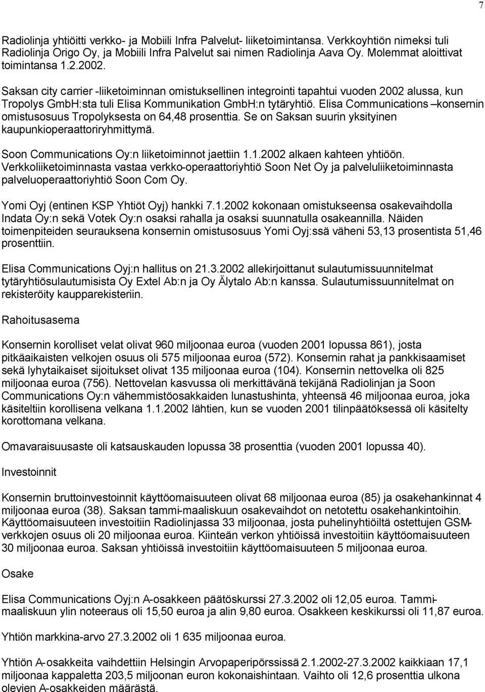 Elisa Communications konsernin omistusosuus Tropolyksesta on 64,48 prosenttia. Se on Saksan suurin yksityinen kaupunkioperaattoriryhmittymä. Soon Communications Oy:n liiketoiminnot jaettiin 1.