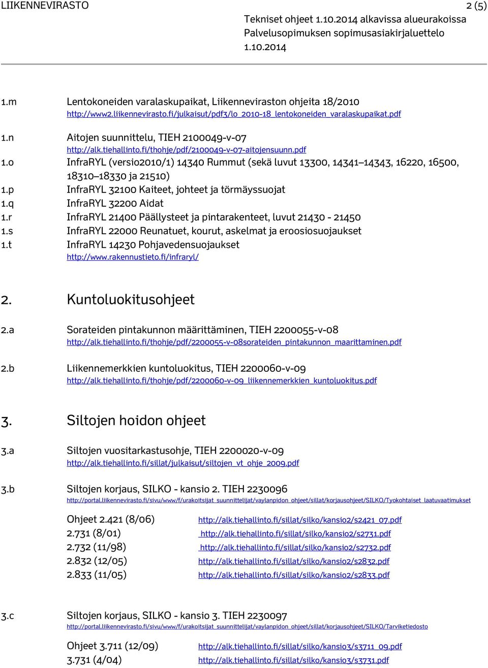 p InfraRYL 32100 Kaiteet, johteet ja törmäyssuojat 1.q InfraRYL 32200 Aidat 1.r InfraRYL 21400 Päällysteet ja pintarakenteet, luvut 21430-21450 1.