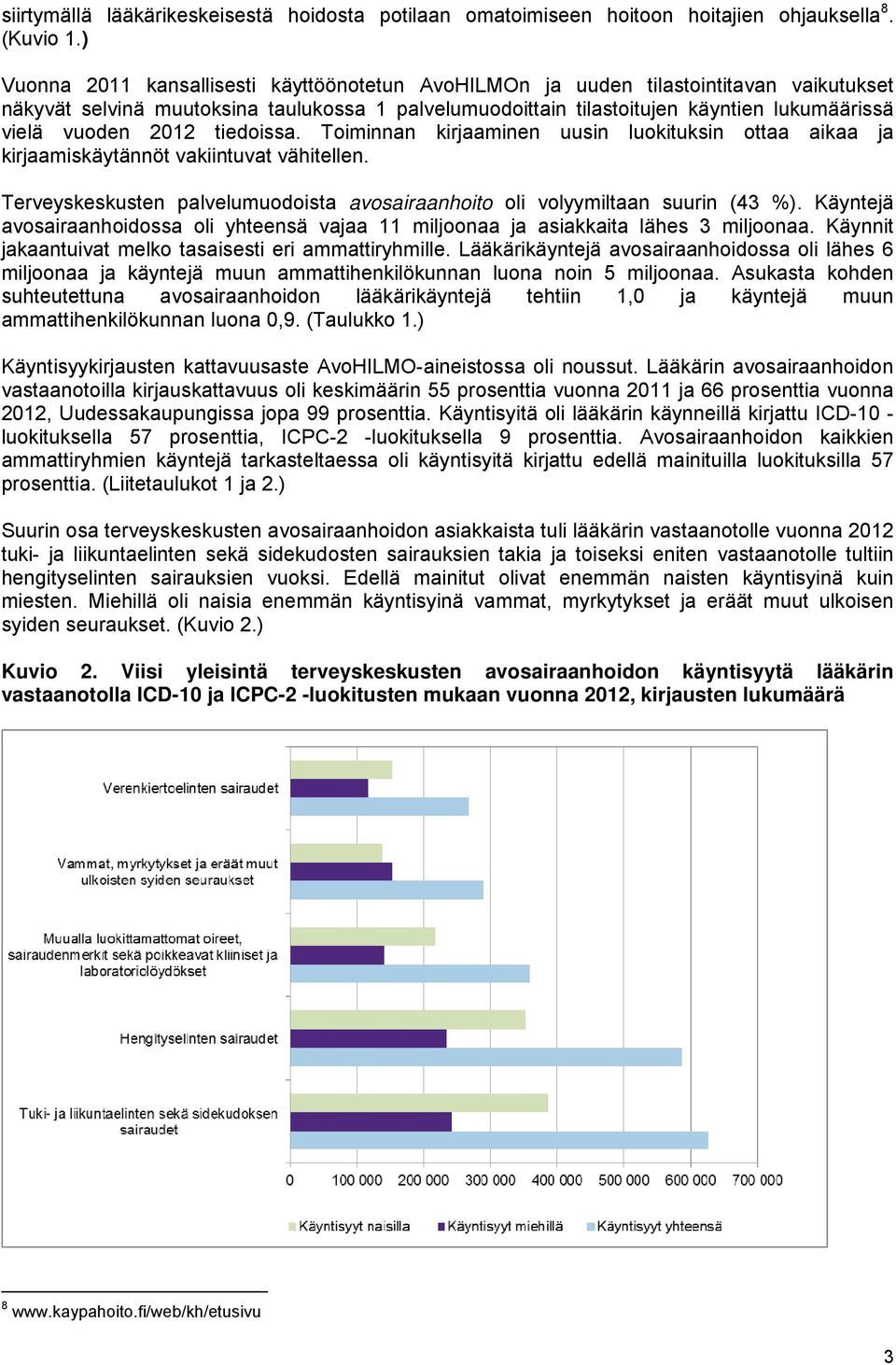 2012 tiedoissa. Toiminnan kirjaaminen uusin luokituksin ottaa aikaa ja kirjaamiskäytännöt vakiintuvat vähitellen. Terveyskeskusten palvelumuodoista avosairaanhoito oli volyymiltaan suurin (43 %).