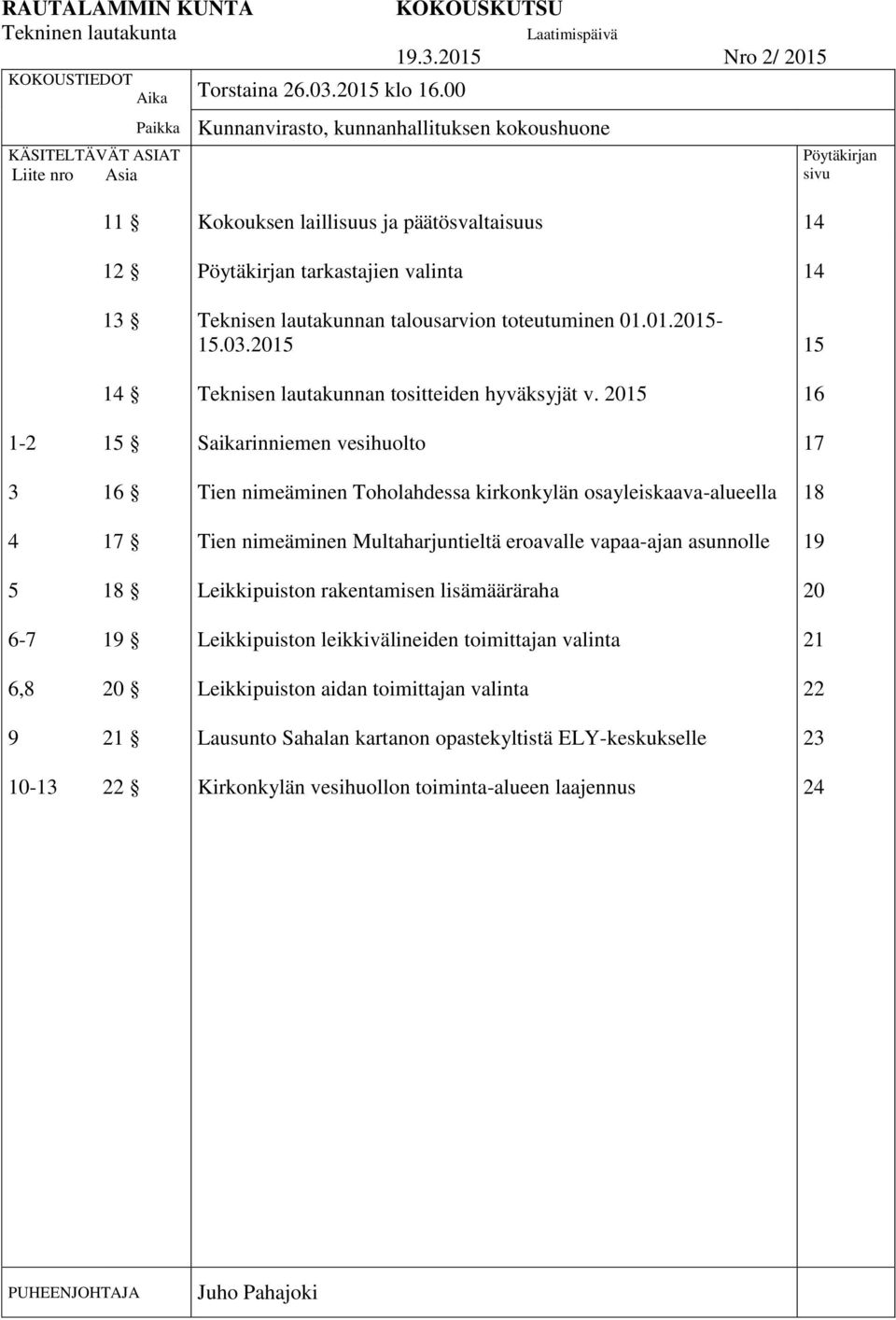 2015 Nro 2/ 2015 Kunnanvirasto, kunnanhallituksen kokoushuone Pöytäkirjan sivu 11 Kokouksen laillisuus ja päätösvaltaisuus 14 12 Pöytäkirjan tarkastajien valinta 14 13 Teknisen lautakunnan