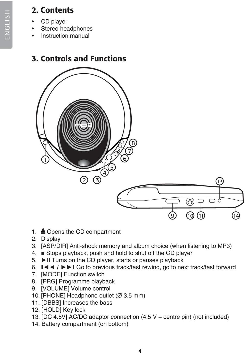 II Turns on the CD player, starts or pauses playback 6. I / I Go to previous track/fast rewind, go to next track/fast forward 7. [MODE] Function switch 8.