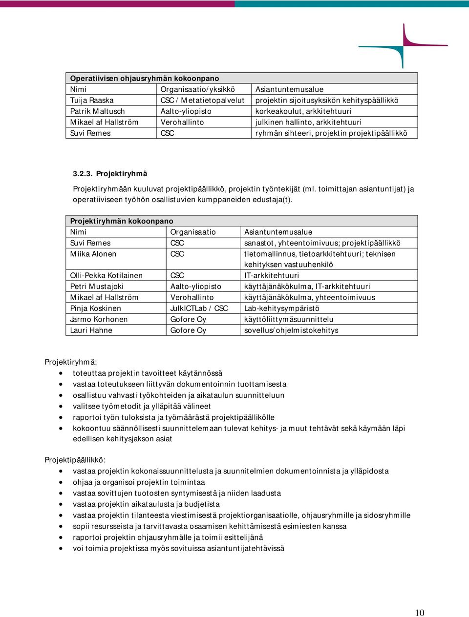 2.3. Projektiryhmä Projektiryhmään kuuluvat projektipäällikkö, projektin työntekijät (ml. toimittajan asiantuntijat) ja operatiiviseen työhön osallistuvien kumaneiden edustaja(t).