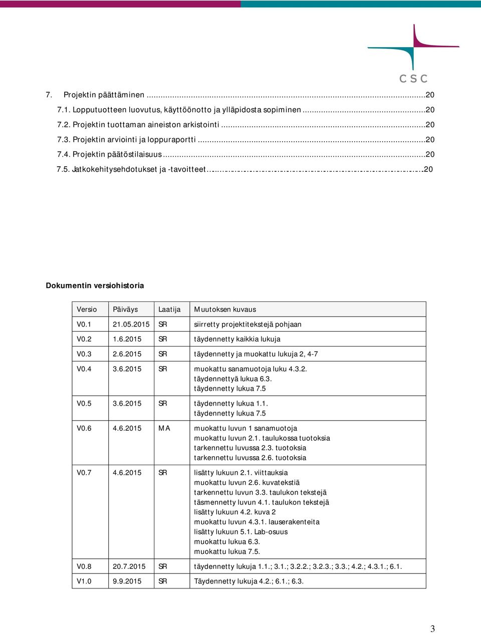 2015 SR siirretty projektitekstejä pohjaan V0.2 1.6.2015 SR täydennetty kaikkia lukuja V0.3 2.6.2015 SR täydennetty ja muokattu lukuja 2, 4-7 V0.4 3.6.2015 SR muokattu sanamuotoja luku 4.3.2. täydennettyä lukua 6.