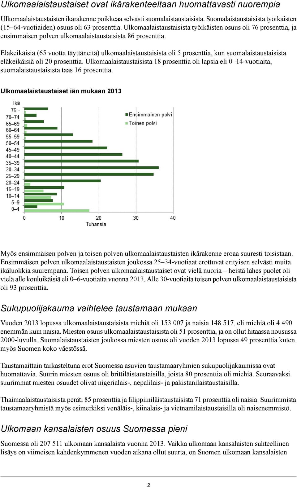 Eläkeikäisiä (65 vuotta täyttäneitä) ulkomaalaistaustaisista oli 5 prosenttia, kun suomalaistaustaisista eläkeikäisiä oli 20 prosenttia.