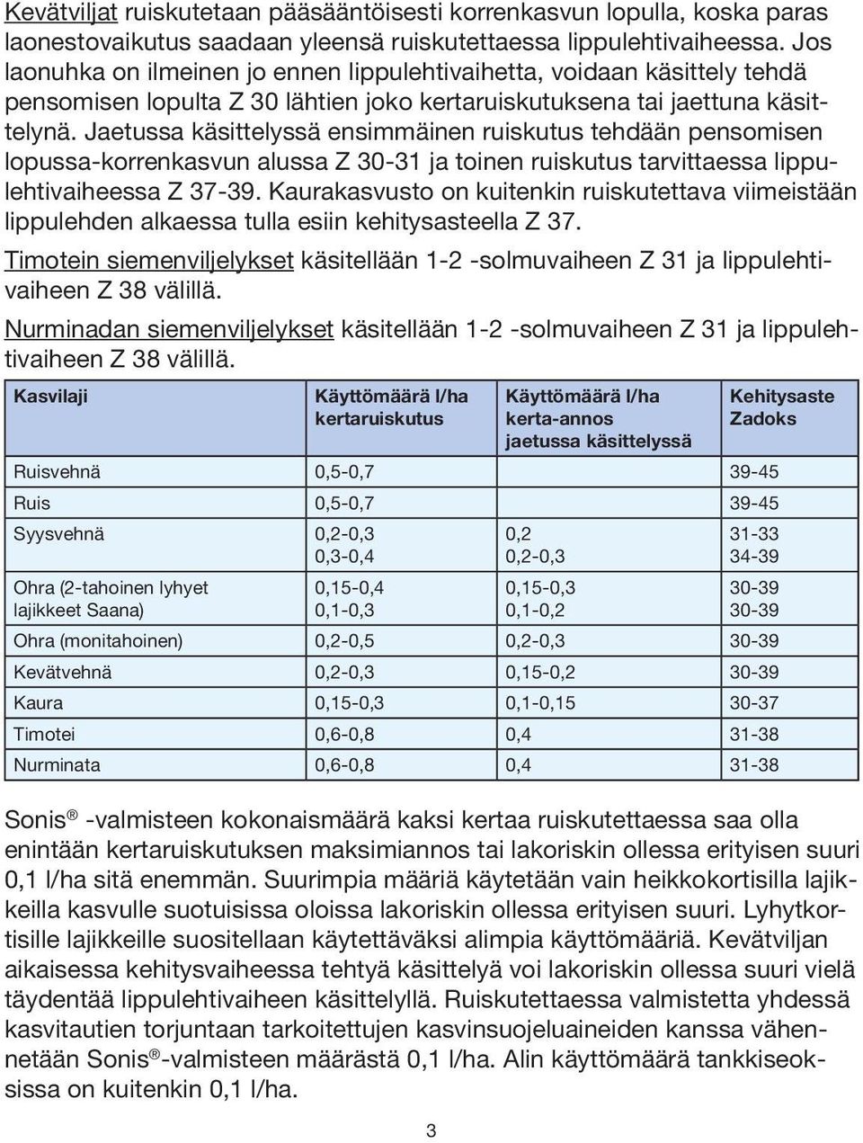 Jaetussa käsittelyssä ensimmäinen ruiskutus tehdään pensomisen lopussa-korrenkasvun alussa Z 30-31 ja toinen ruiskutus tarvittaessa lippulehtivaiheessa Z 37-39.