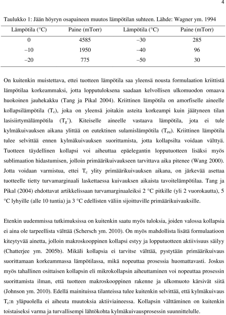 lämpötilaa korkeammaksi, jotta lopputuloksena saadaan kelvollisen ulkomuodon omaava huokoinen jauhekakku (Tang ja Pikal 2004).