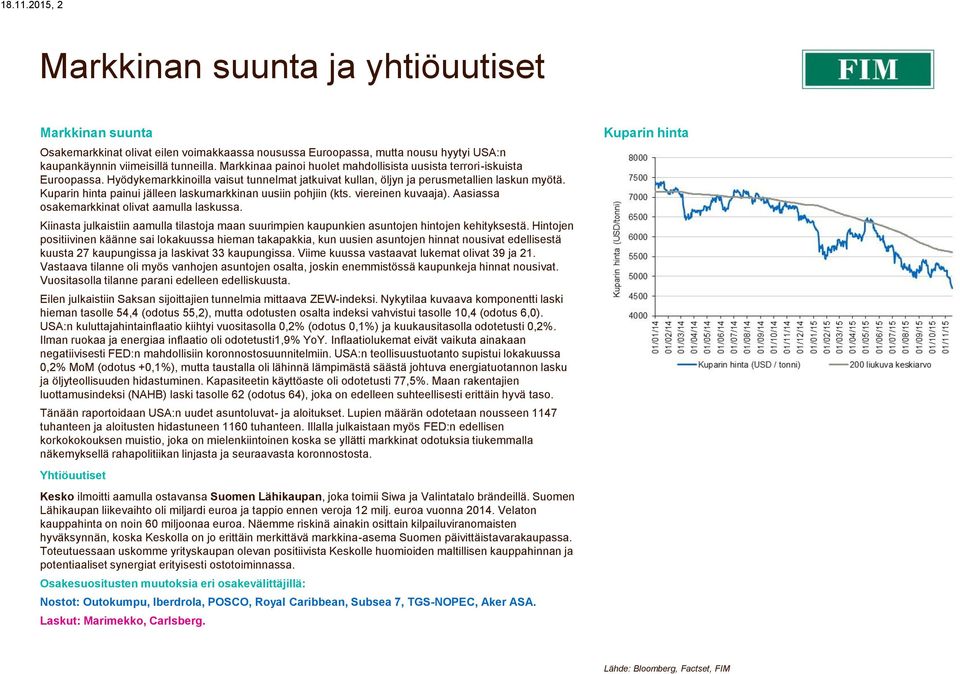 Kuparin painui jälleen laskumarkkinan uusiin pohjiin (kts. viereinen kuvaaja). Aasiassa osakemarkkinat olivat aamulla laskussa.