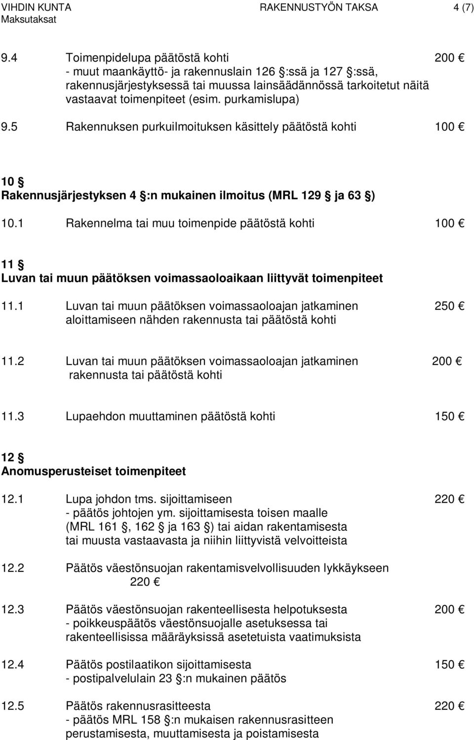 purkamislupa) 9.5 Rakennuksen purkuilmoituksen käsittely päätöstä kohti 100 10 Rakennusjärjestyksen 4 :n mukainen ilmoitus (MRL 129 ja 63 ) 10.