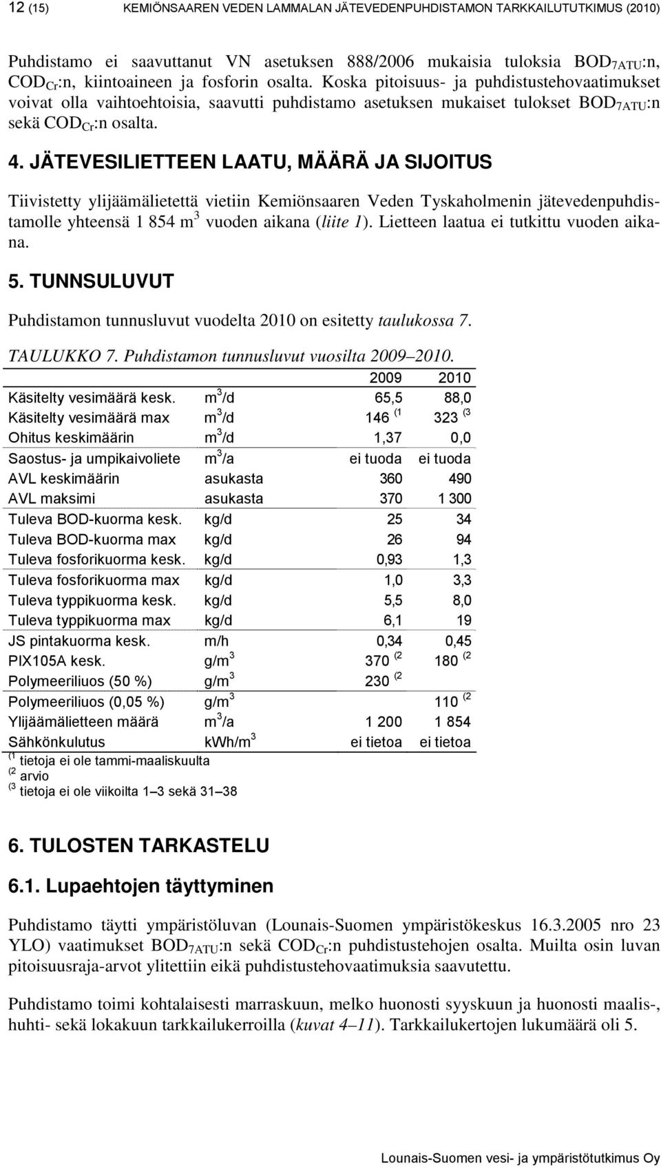 JÄTEVESILIETTEEN LAATU, MÄÄRÄ JA SIJOITUS Tiivistetty ylijäämälietettä vietiin Kemiönsaaren Veden Tyskaholmenin jätevedenpuhdistamolle yhteensä 1 854 m 3 vuoden aikana (liite 1).