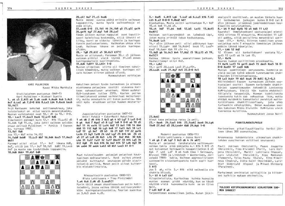 ~f3 Rd6 Ilmeisesti parempi kuin 12.- Rf6 13.~eS! ds 14.Dd4 Tg8 1s.e4, joka johti valkean selvään etuun pelissä Pulkkinen Pyhälä 1 Espoon kv. turnaus 1987. 13.Tb1 TbB Jos 13.- Rb7 nlln 14.fs! 14.TxbB Dxb8 15.