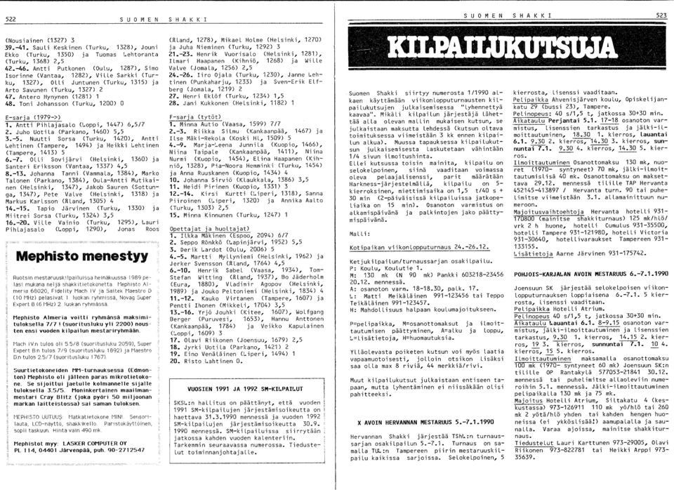 Toni Johansson (Turku, 1200) 0 E-sarja (1979-» 1. Antti Pihlajasalo (~oppi, 1447) 6,5/7 2. Juho UotiLa (Parkano, 1460) 5,5 3.-5.