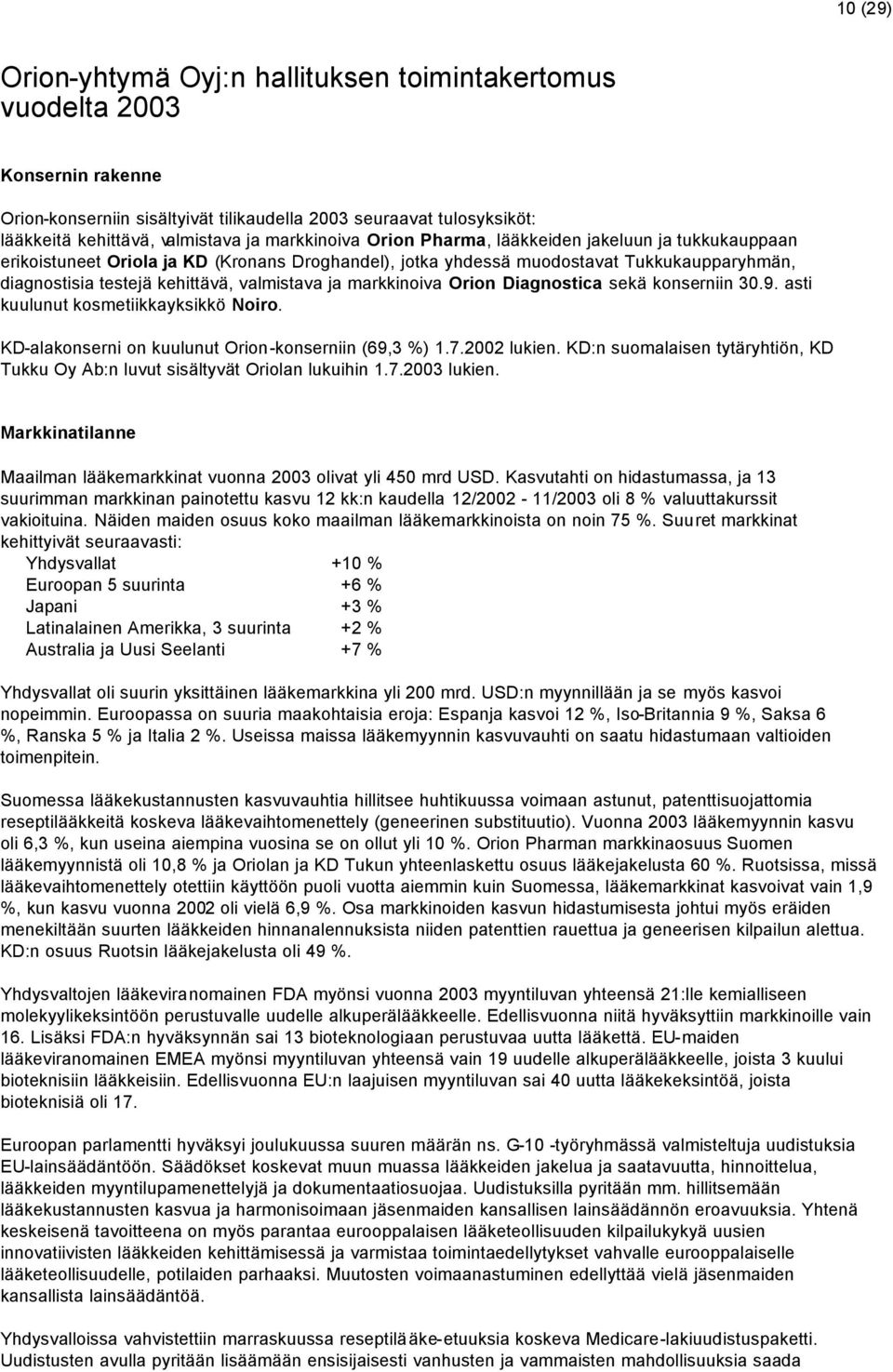 ja markkinoiva Orion Diagnostica sekä konserniin 30.9. asti kuulunut kosmetiikkayksikkö Noiro. KD-alakonserni on kuulunut Orion-konserniin (69,3 %) 1.7.2002 lukien.