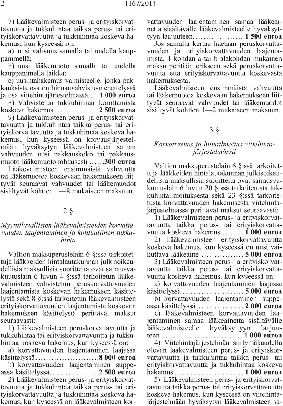 .. 2 500 euroa 9) Lääkevalmisteen perus- ja erityiskorvattavuutta ja tukkuhintaa kun kyseessä on korvausjärjestelmään hyväksytyn lääkevalmisteen saman vahvuuden uusi pakkauskoko tai pakkausmuoto