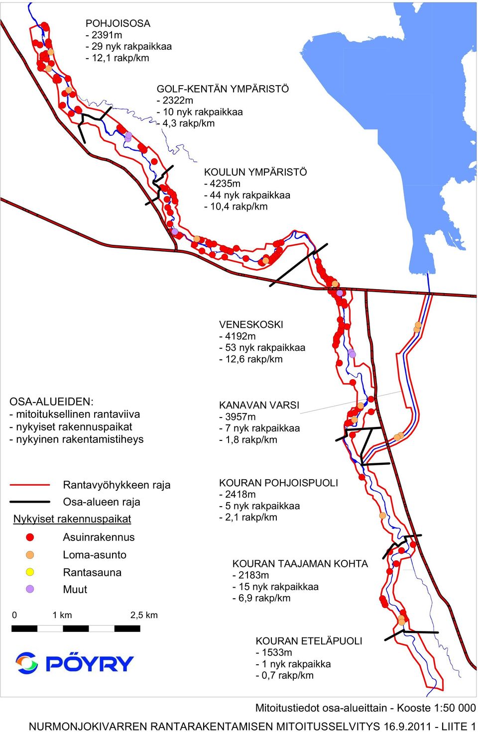 Rantavyöhykkeen raja Osa-alueen raja Nykyiset rakennuspaikat Asuinrakennus Loma-asunto Rantasauna Muut 0 1 km 2,5 km KOURAN POHJOISPUOLI - 2418m - 5 nyk rakpaikkaa - 2,1 rakp/km KOURAN TAAJAMAN KOHTA