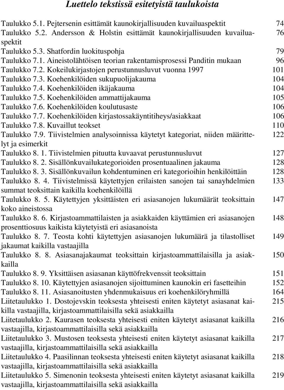 2. Kokeilukirjastojen perustunnusluvut vuonna 1997 101 Taulukko 7.3. Koehenkilöiden sukupuolijakauma 104 Taulukko 7.4. Koehenkilöiden ikäjakauma 104 Taulukko 7.5.