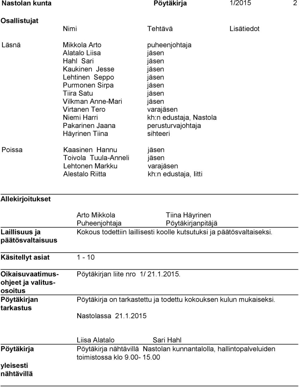 Tuula-Anneli jäsen Lehtonen Markku varajäsen Alestalo Riitta kh:n edustaja, Iitti Allekirjoitukset Laillisuus ja päätösvaltaisuus Arto Mikkola Tiina Häyrinen Puheenjohtaja Pöytäkirjanpitäjä Kokous