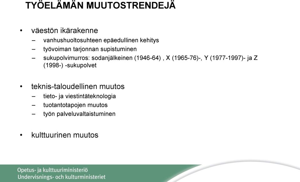 (1965-76)-, Y (1977-1997)- ja Z (1998-) -sukupolvet teknis-taloudellinen muutos