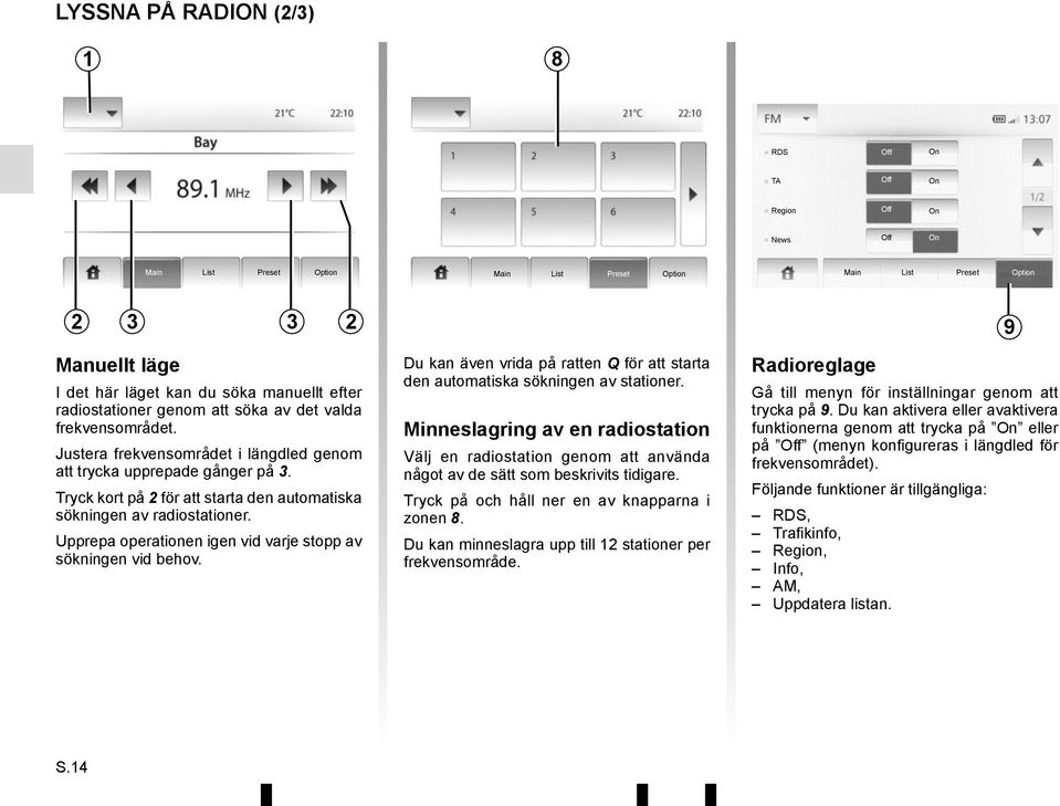 Tryck kort på 2 för att starta den automatiska sökningen av radiostationer. Upprepa operationen igen vid varje stopp av sökningen vid behov.