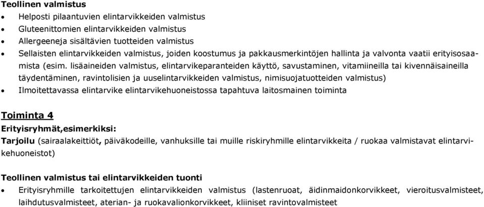 lisäaineiden valmistus, elintarvikeparanteiden käyttö, savustaminen, vitamiineilla tai kivennäisaineilla täydentäminen, ravintolisien ja uuselintarvikkeiden valmistus, nimisuojatuotteiden valmistus)