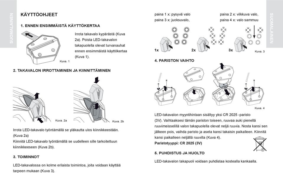 4 Kuva. 2a Kuva. 2b Irrota LED-takavalo työntämällä se yläkautta ulos kiinnikkeestään. (Kuva 2a) Kiinnitä LED-takavalo työntämällä se uudelleen sille tarkoitettuun kiinnikkeeseen (Kuva 2b). 3.