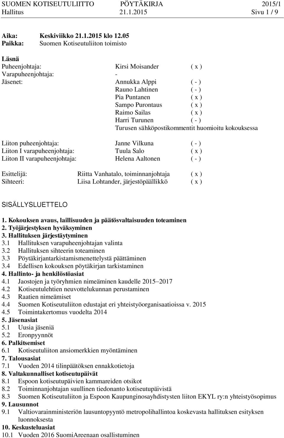 Raimo Sailas ( x ) Harri Turunen ( - ) Turusen sähköpostikommentit huomioitu kokouksessa Liiton puheenjohtaja: Janne Vilkuna ( - ) Liiton I varapuheenjohtaja: Tuula Salo ( x ) Liiton II