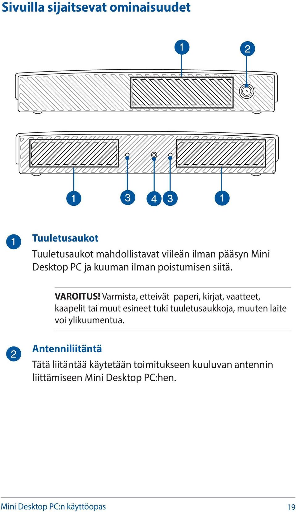 Varmista, etteivät paperi, kirjat, vaatteet, kaapelit tai muut esineet tuki tuuletusaukkoja, muuten