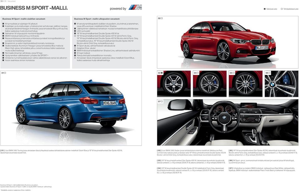 kangasalcantarayhdistelmä Hexagon Anthracite jossa tehosteväri Blue ja M saumat; lisäksi saatavissa muita istuinverhoiluja Nahkainen M ohjauspyörä monitoiminäppäimin BMW Individual kattoverhous