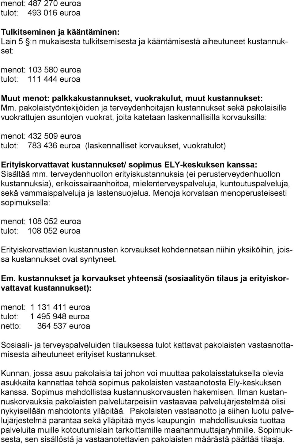 pakolaistyöntekijöiden ja terveydenhoitajan kustannukset sekä pakolaisille vuok rat tu jen asuntojen vuokrat, joita katetaan laskennallisilla korvauksilla: menot: 432 509 euroa tulot: 783 436 euroa