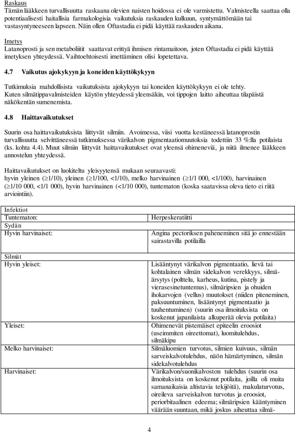 Näin ollen Oftastadia ei pidä käyttää raskauden aikana. Imetys Latanoprosti ja sen metaboliitit saattavat erittyä ihmisen rintamaitoon, joten Oftastadia ei pidä käyttää imetyksen yhteydessä.