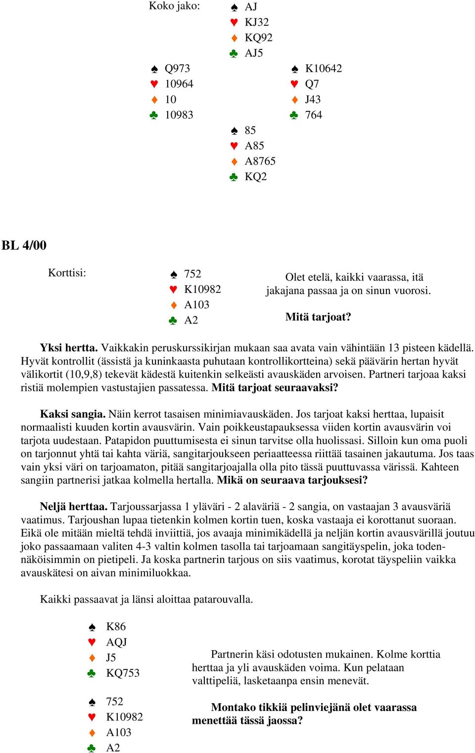 Hyvät kontrollit (ässistä ja kuninkaasta puhutaan kontrollikortteina) sekä päävärin hertan hyvät välikortit (10,9,8) tekevät kädestä kuitenkin selkeästi avauskäden arvoisen.