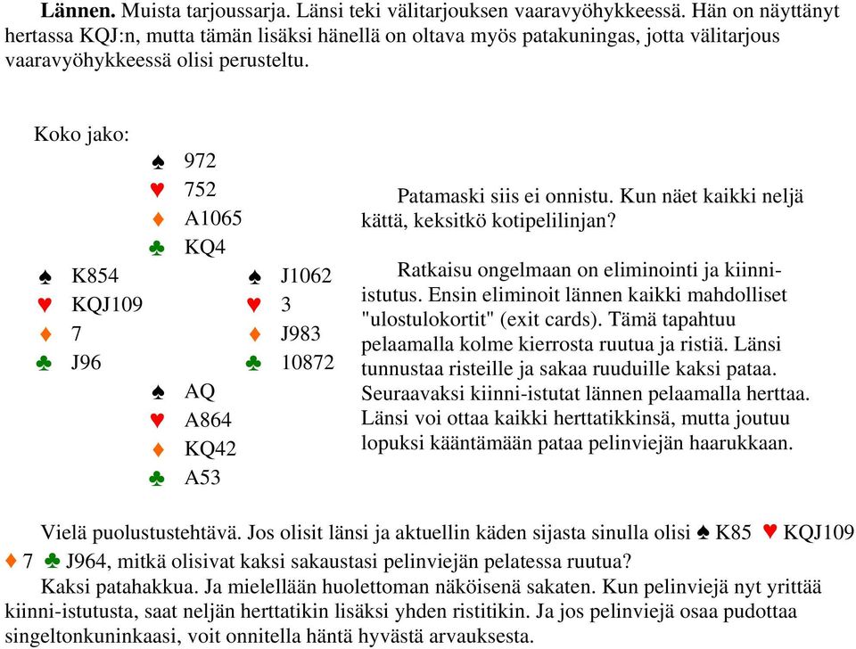 Koko jako: 972 752 A1065 KQ4 K854 J1062 KQJ109 3 7 J983 J96 10872 AQ A864 KQ42 A53 Patamaski siis ei onnistu. Kun näet kaikki neljä kättä, keksitkö kotipelilinjan?