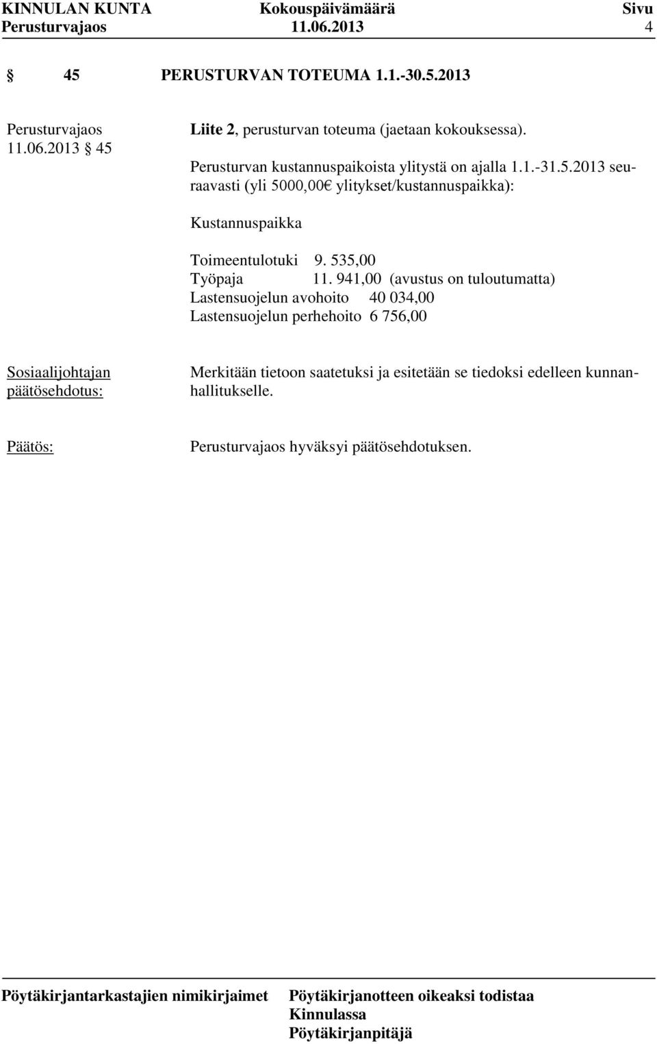 2013 seuraavasti (yli 5000,00 ylitykset/kustannuspaikka): Kustannuspaikka Toimeentulotuki 9. 535,00 Työpaja 11.