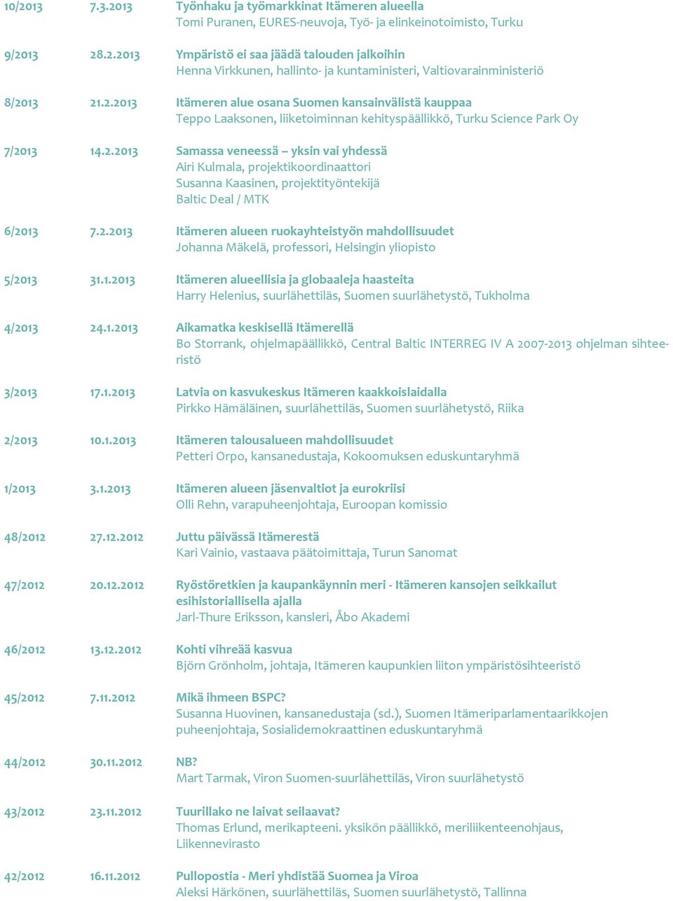 2.2013 Itämeren alueen ruokayhteistyön mahdollisuudet Johanna Mäkelä, professori, Helsingin yliopisto 5/2013 31.1.2013 Itämeren alueellisia ja globaaleja haasteita Harry Helenius, suurlähettiläs, Suomen suurlähetystö, Tukholma 4/2013 24.